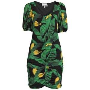 GANNI NWT Ruched Mesh Mini Dress - Black Banana Print